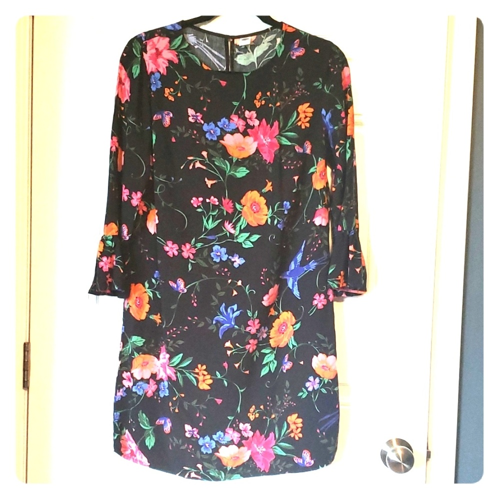 Black floral shift dress with flutter sleeves
